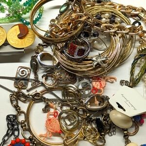 Bundle of new/vintage jewelry SS, enamel, acrylic, beaded, pocket watch, rings